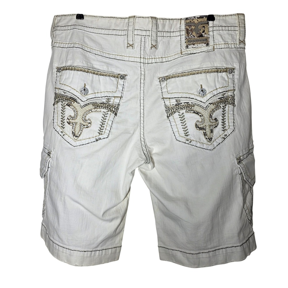 Rock Revival White Cargo Denim Shorts Mens 40 Classic Fleur De Lis REC1248-2